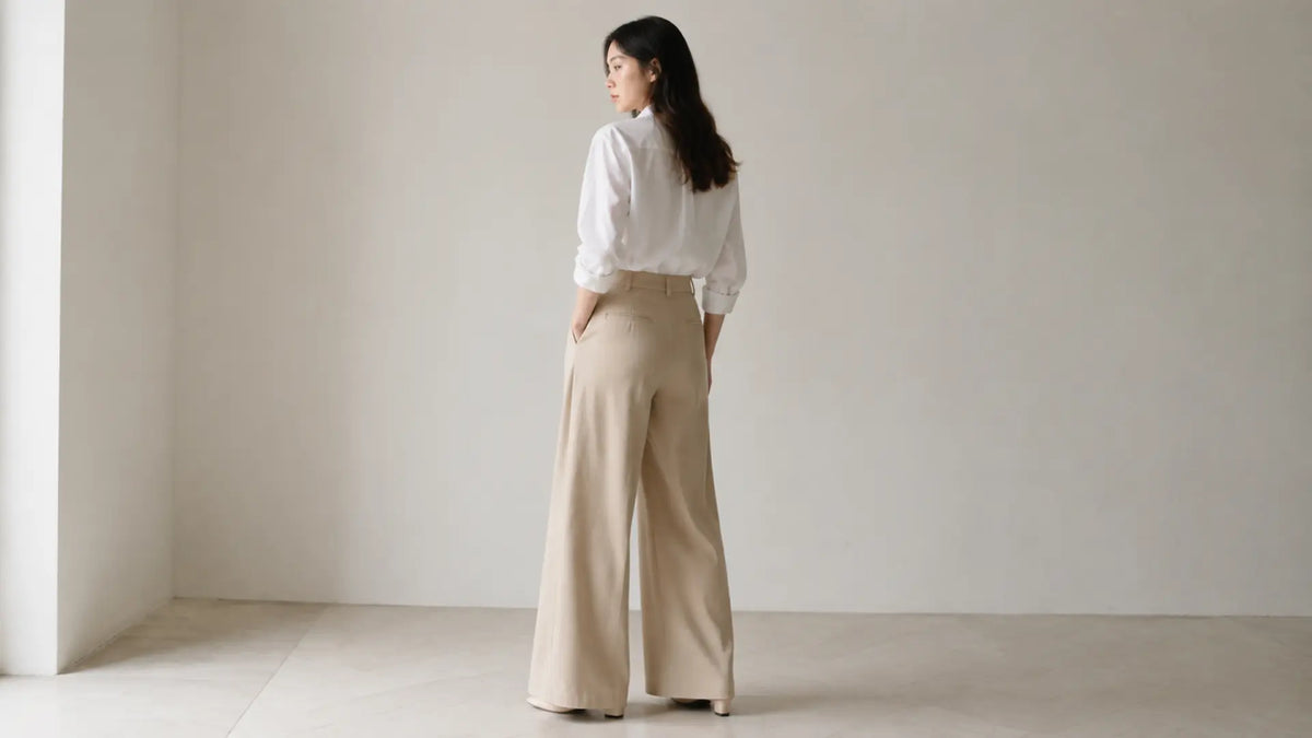 Pantalon large taille haute porté avec une chemise rentrée, silhouette coréenne