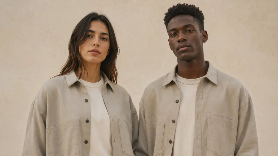 Chemise ample unisexe et jean droit portés par deux silhouettes différentes