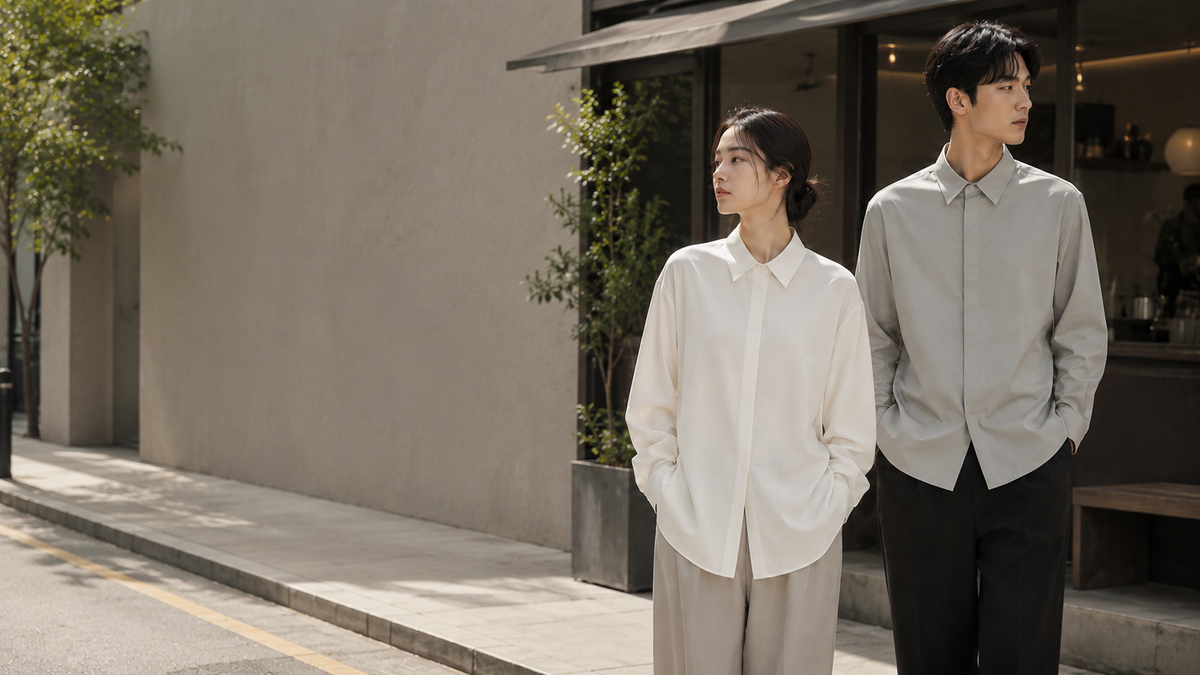 Couple en chemises coréennes minimalistes dans un décor street lifestyle, inspiré de la mode de Séoul