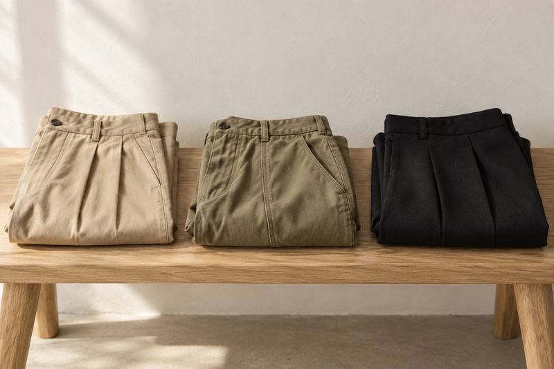 Trois pantalons pliés, en coton beige, coton khaki et laine noire, disposés côte à côte sur un banc en bois clair.