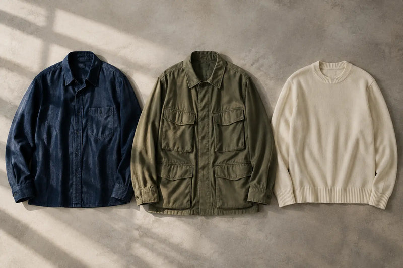 Chemise indigo et veste militaire japonaises posées à plat sur du béton