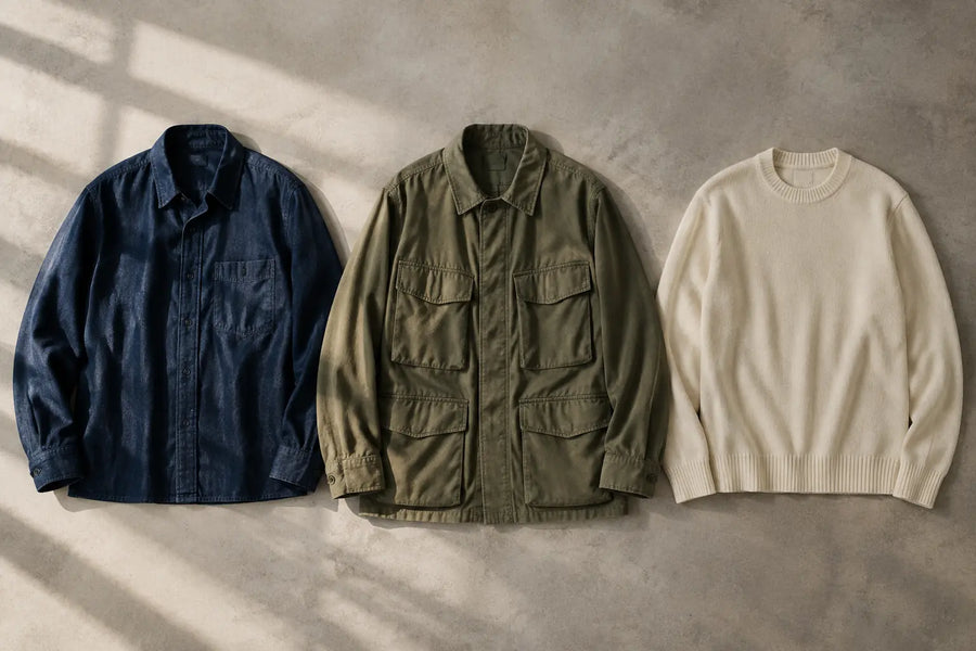 Chemise indigo et veste militaire japonaises posées à plat sur du béton