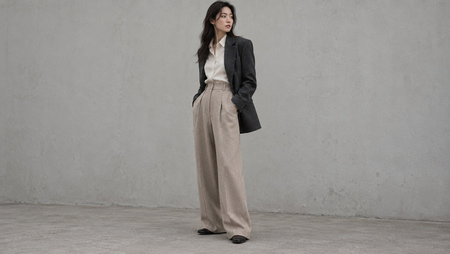 Chemise rentree, pantalon large taille haute et blazer porte ouvert