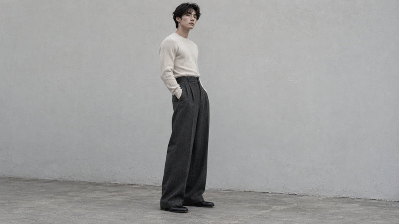 Pantalon large taille haute et maille fine rentree, silhouette coreenne