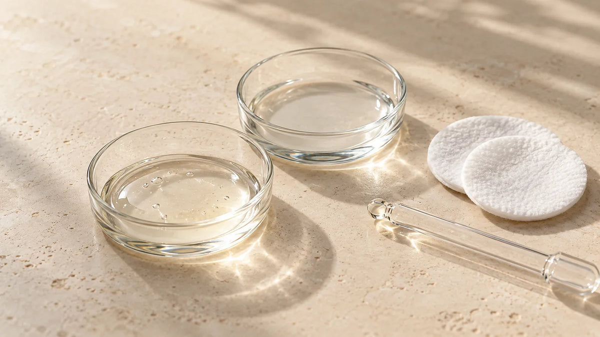 Deux textures de lotion dans des coupelles en verre, avec des cotons et une pipette sur un fond ivoire.