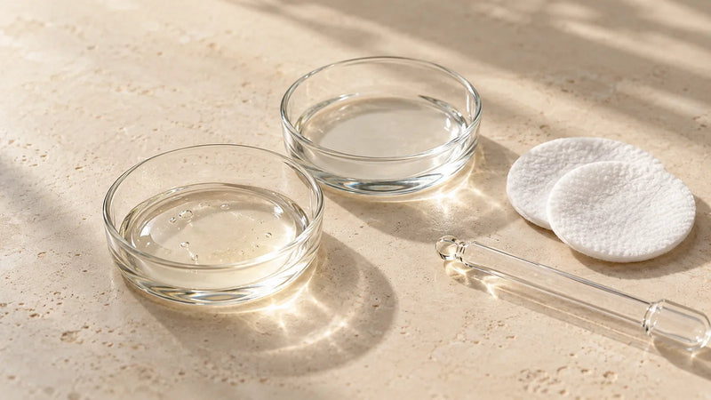 Deux textures de lotion dans des coupelles en verre, avec des cotons et une pipette sur un fond ivoire.
