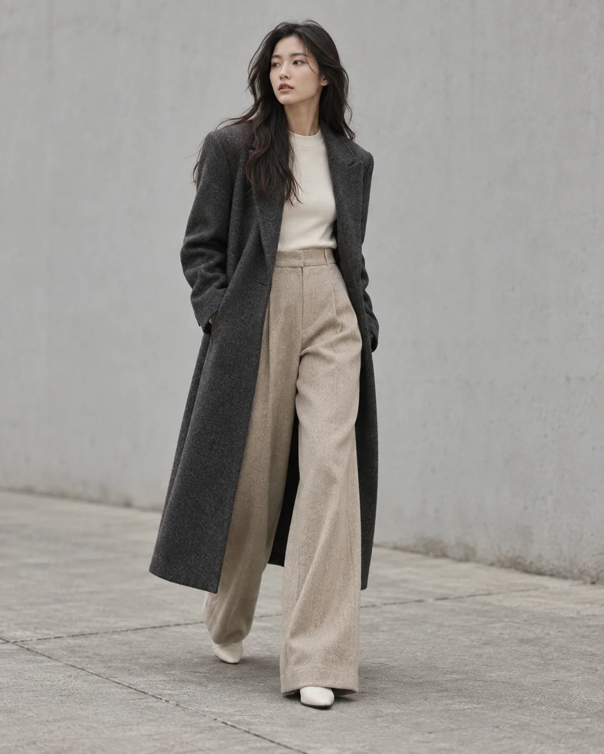 Manteau droit en laine porte ouvert sur un pantalon large taille haute