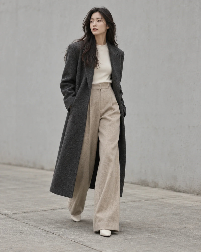 Manteau droit en laine porte ouvert sur un pantalon large taille haute