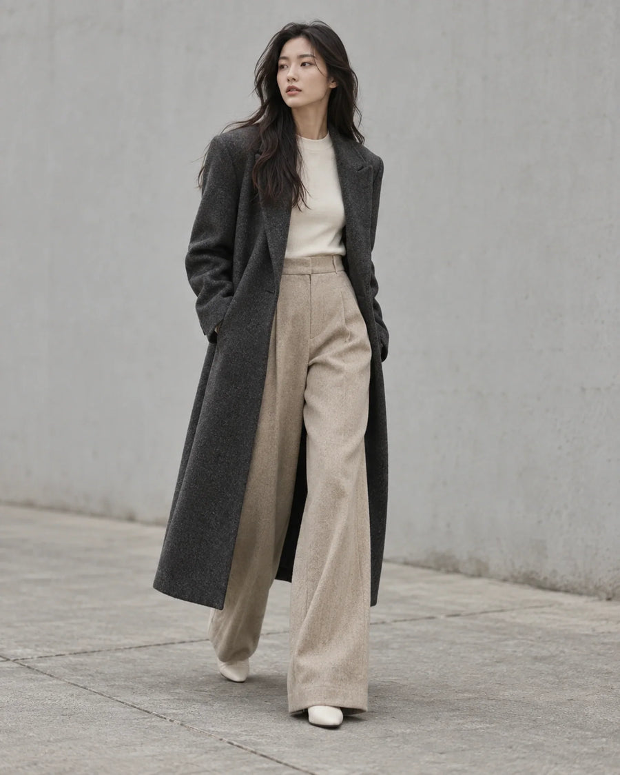 Manteau droit en laine porte ouvert sur un pantalon large taille haute