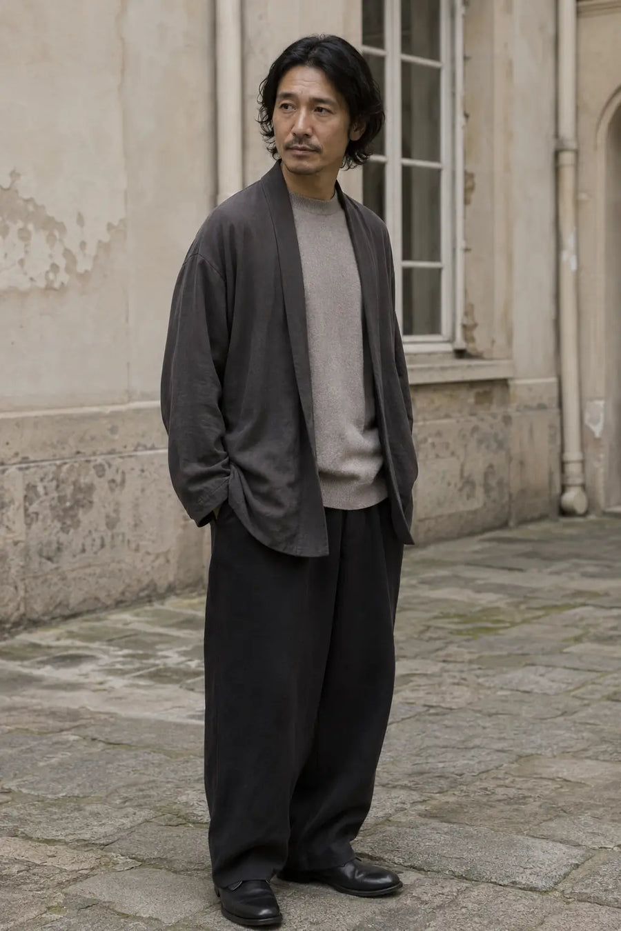 Homme portant une veste japonaise souple ouverte sur une maille fine dans une cour parisienne.