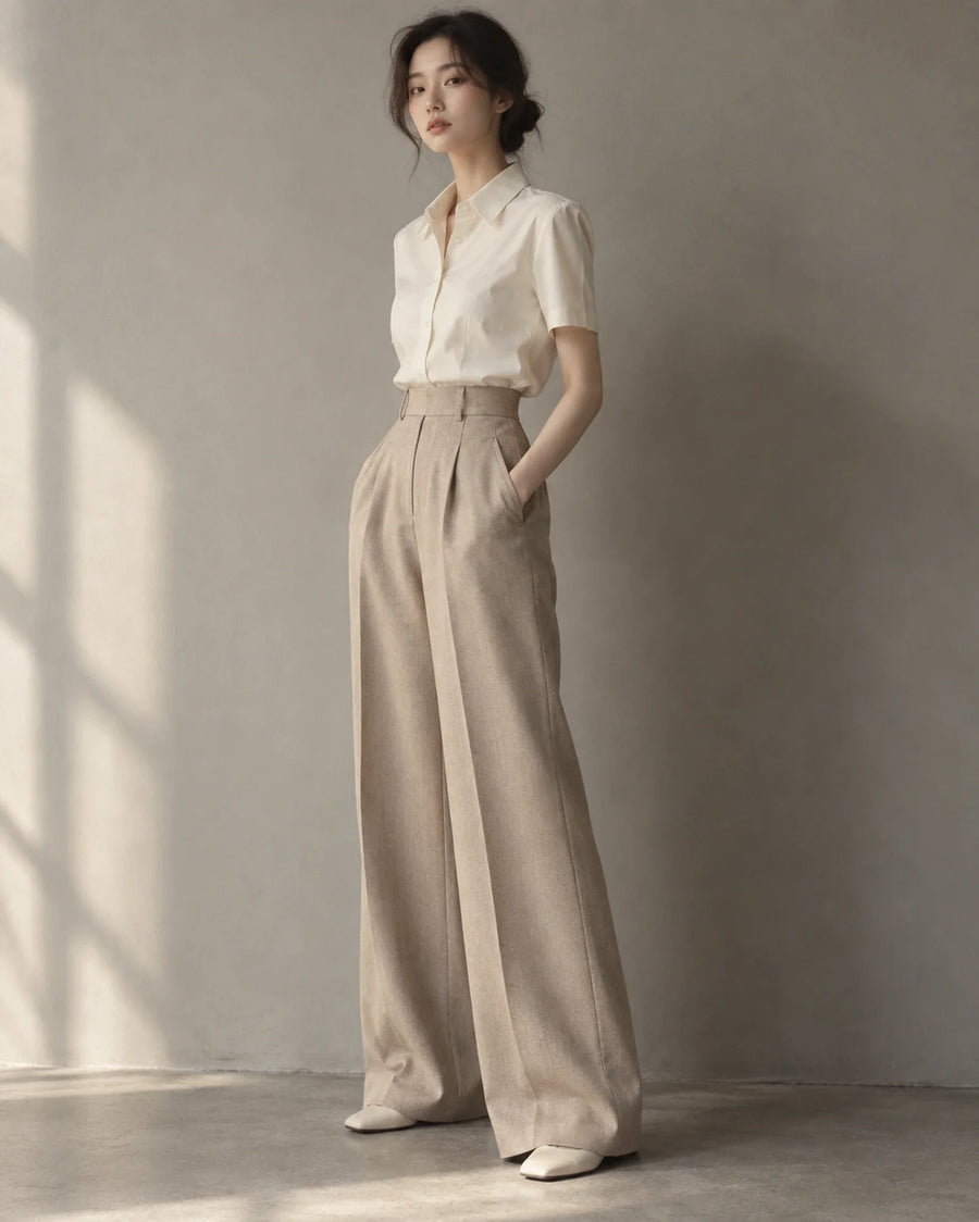 Pantalon large taille haute et chemise courte, silhouette coreenne