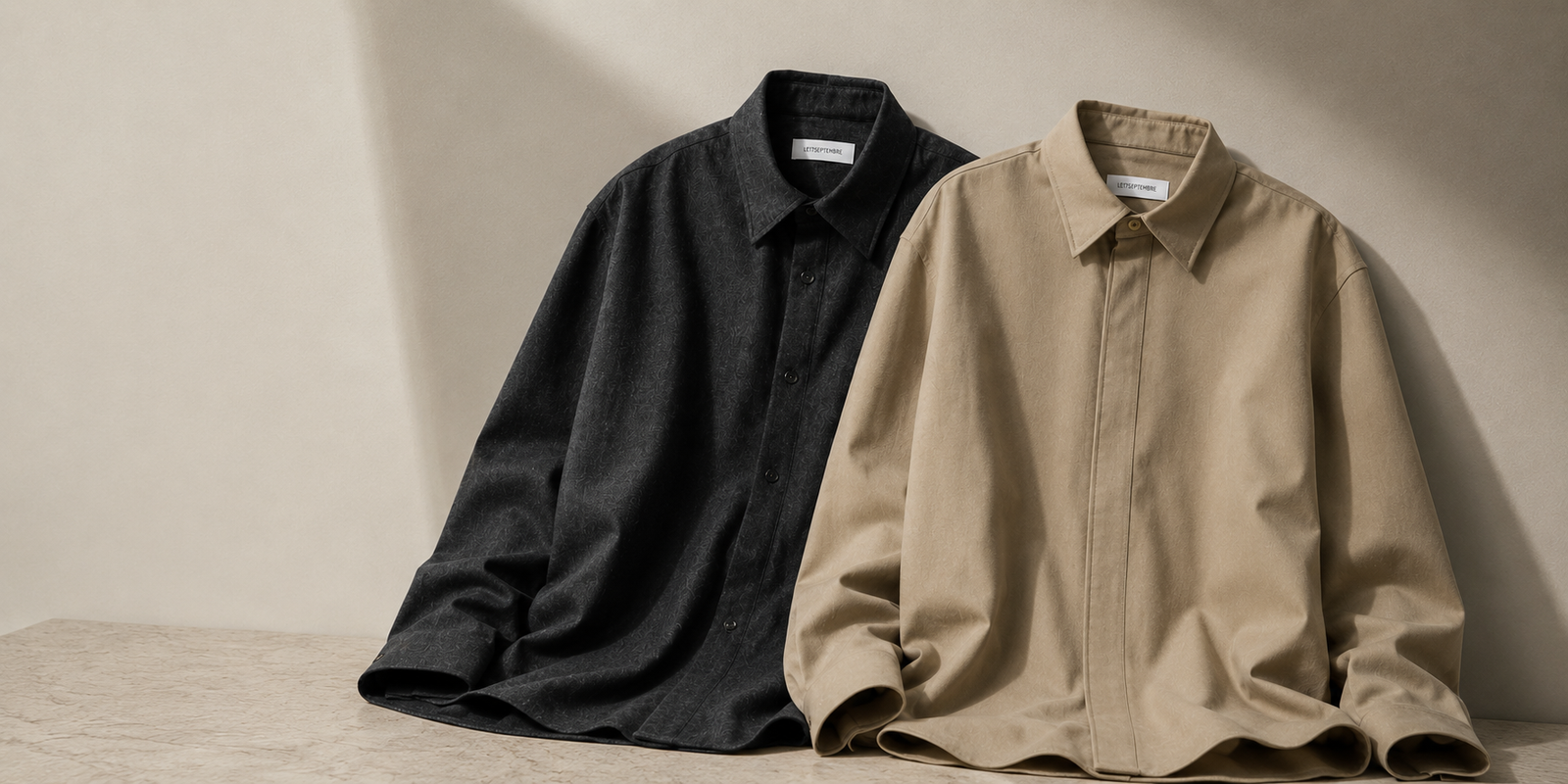 Chemises homme LE17SEPTEMBRE en beige et charcoal, vestiaire coréen minimaliste premium sur WaHallyu