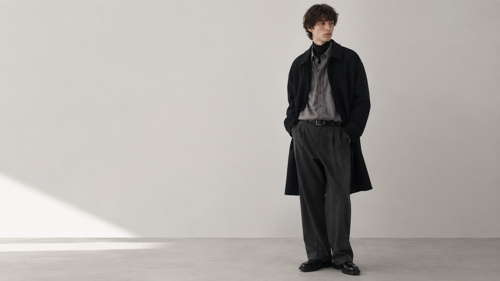Silhouette homme Dunst en manteau noir, chemise grise et pantalon ample dans un décor studio minimaliste.