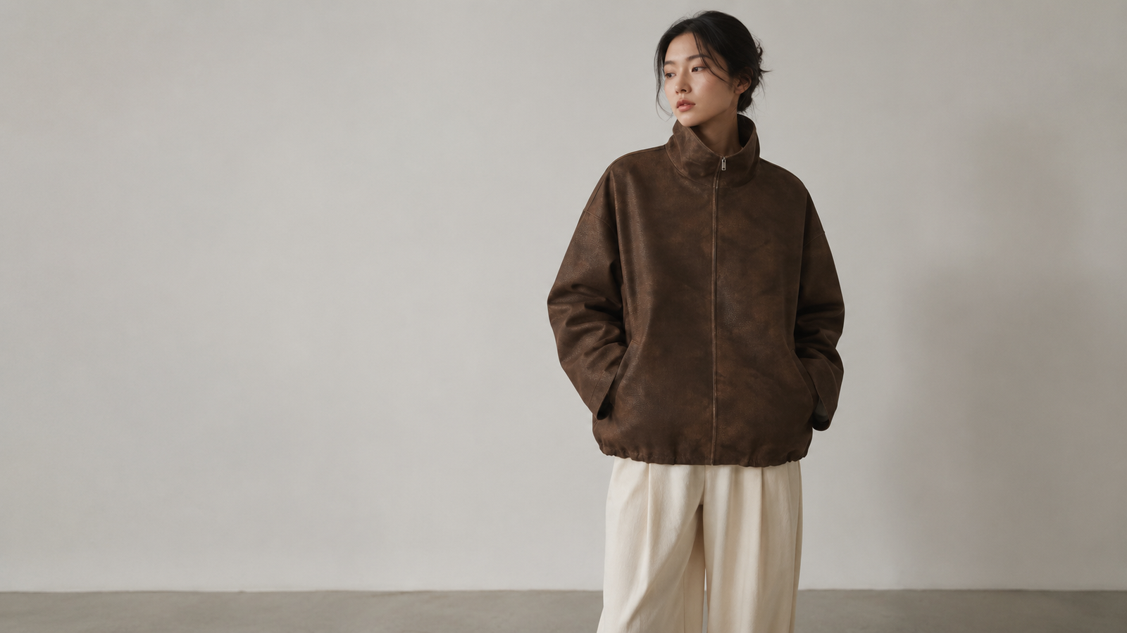 Manteau femme LE17SEPTEMBRE marron en faux cuir, silhouette coréenne minimaliste premium sur WaHallyu
