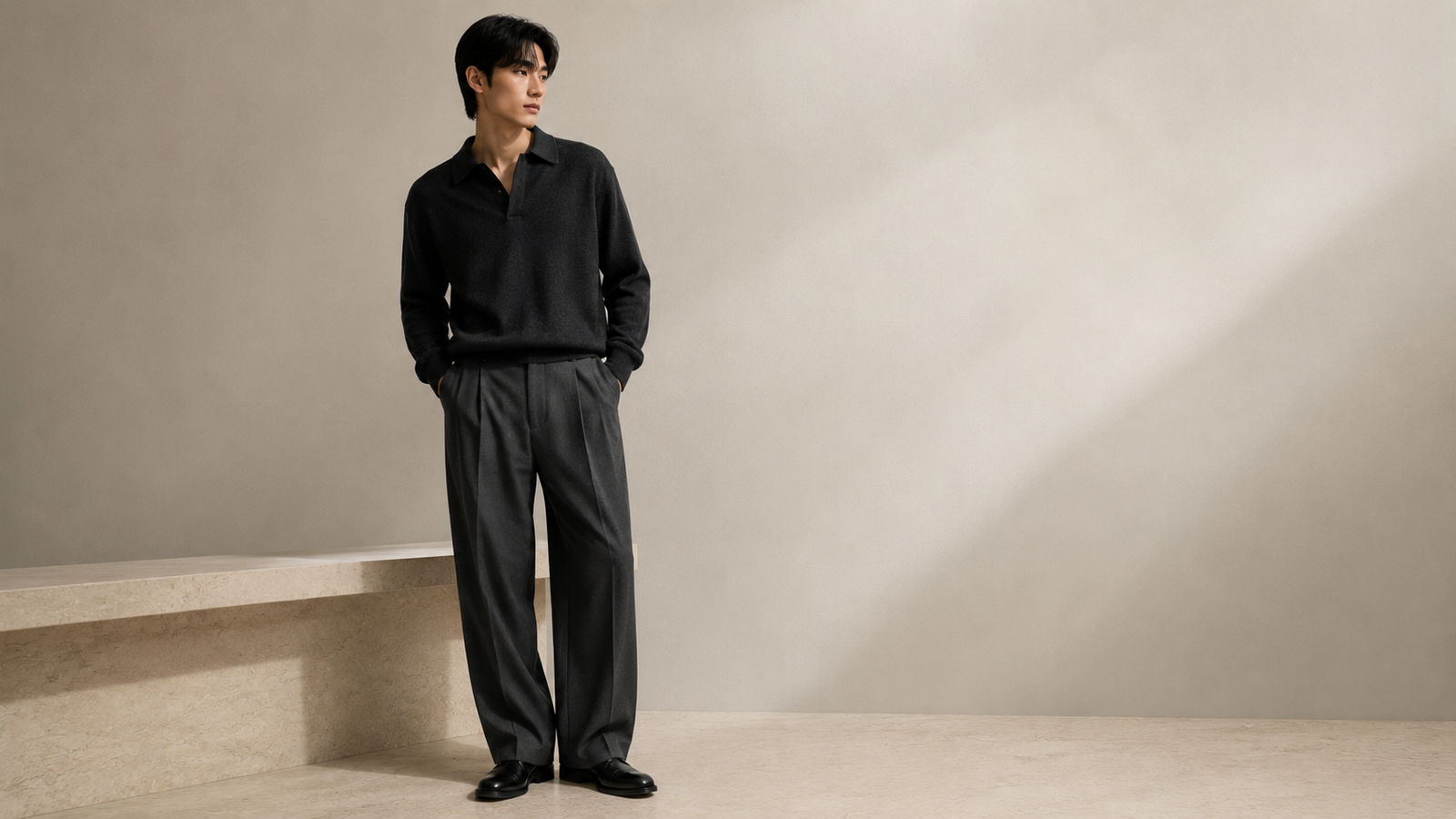 Pantalon homme LE17SEPTEMBRE en laine, coupe ample et vestiaire coréen minimaliste premium sur WaHallyu