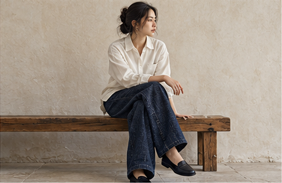 Jean sashiko indigo Blue Blue Japan porté par une femme