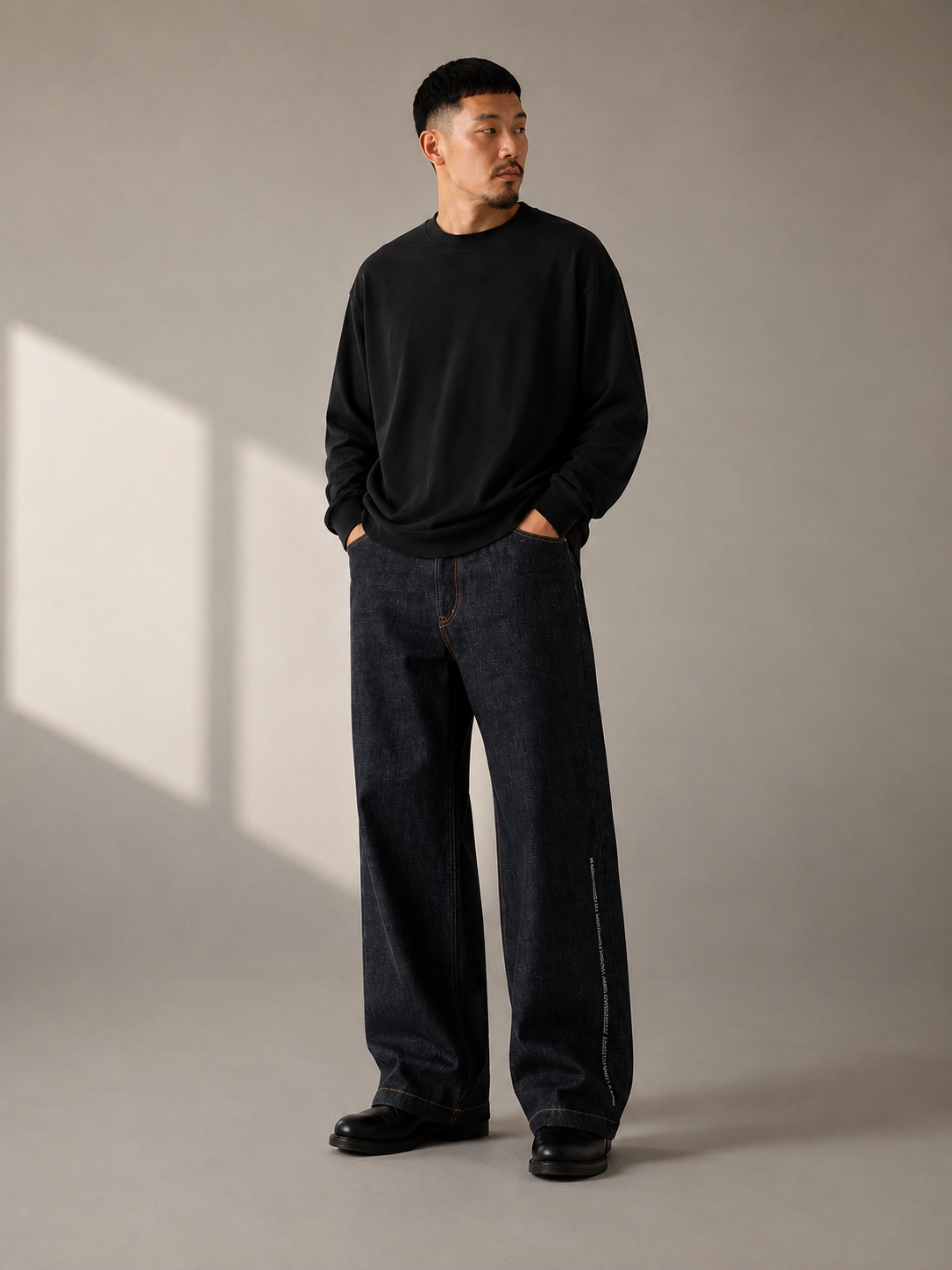 Jean N.HOOLYWOOD homme porté dans un style minimaliste japonais premium