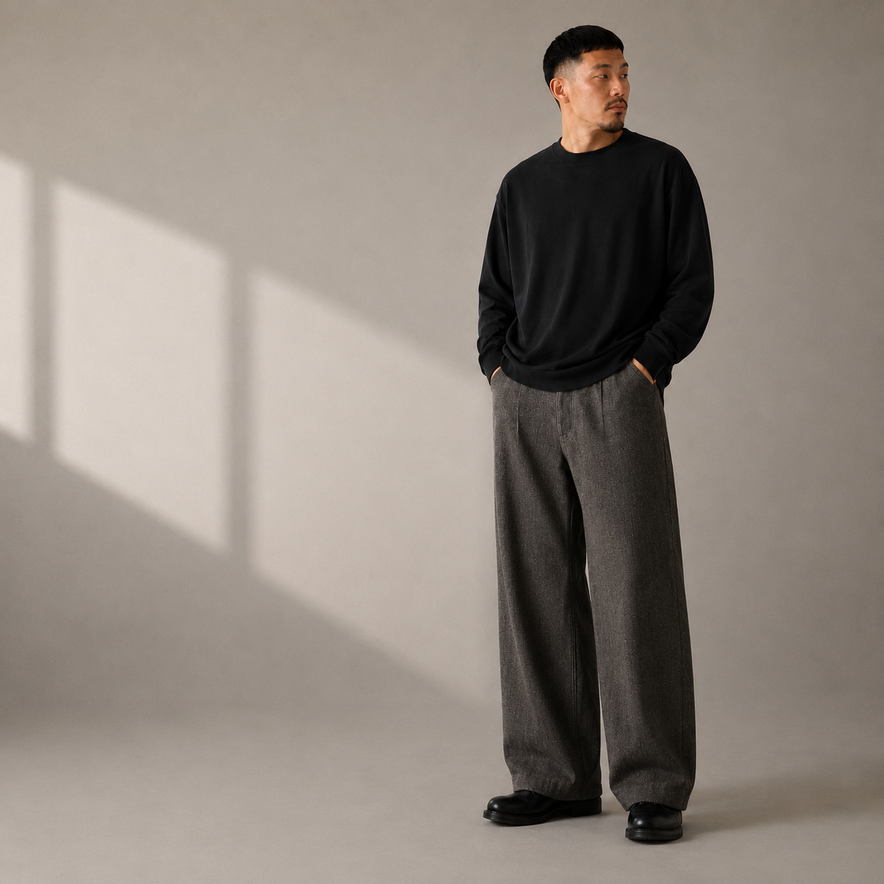 Pantalon N.HOOLYWOOD homme large porté dans un style minimaliste japonais premium