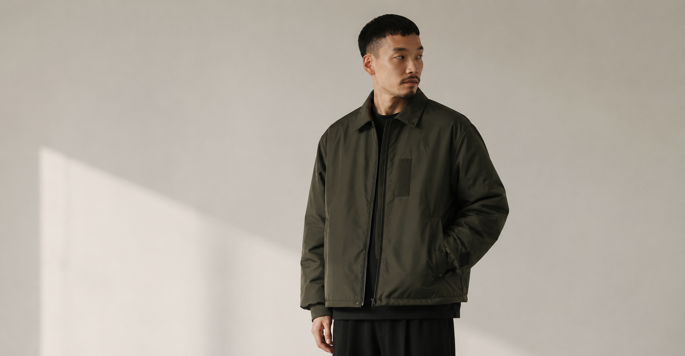 Veste N.HOOLYWOOD homme portée dans un style minimaliste japonais et utilitaire