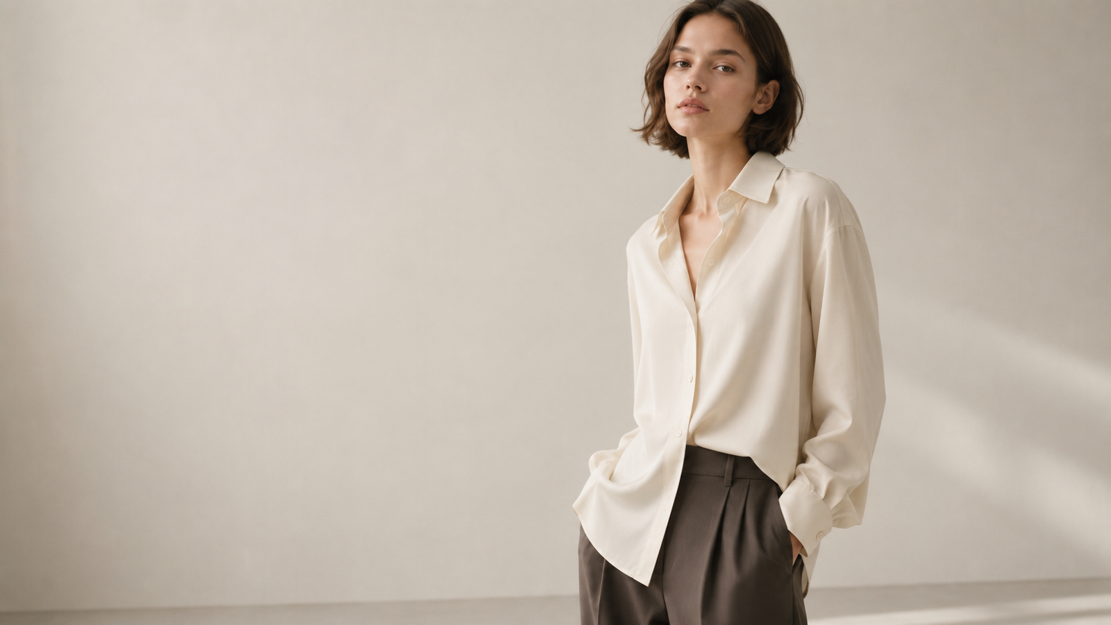 Femme portant une chemise The Loom Atelier claire avec pantalon fluide dans un décor studio minimaliste aux tons neutres.