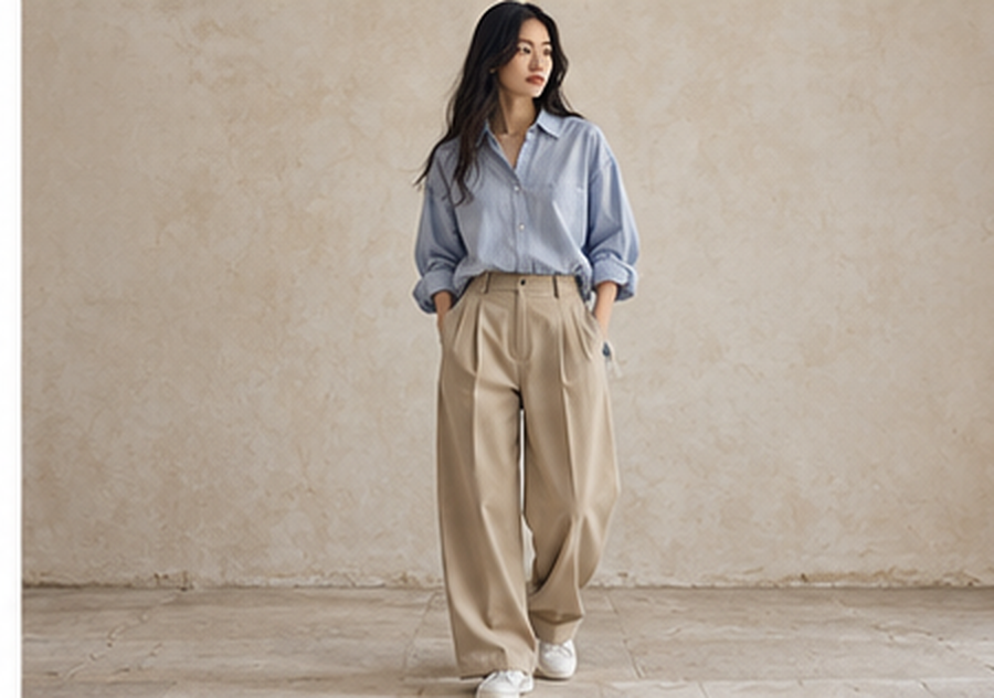 Chemise rayée bleue et pantalon chino beige Dunst portés par une femme