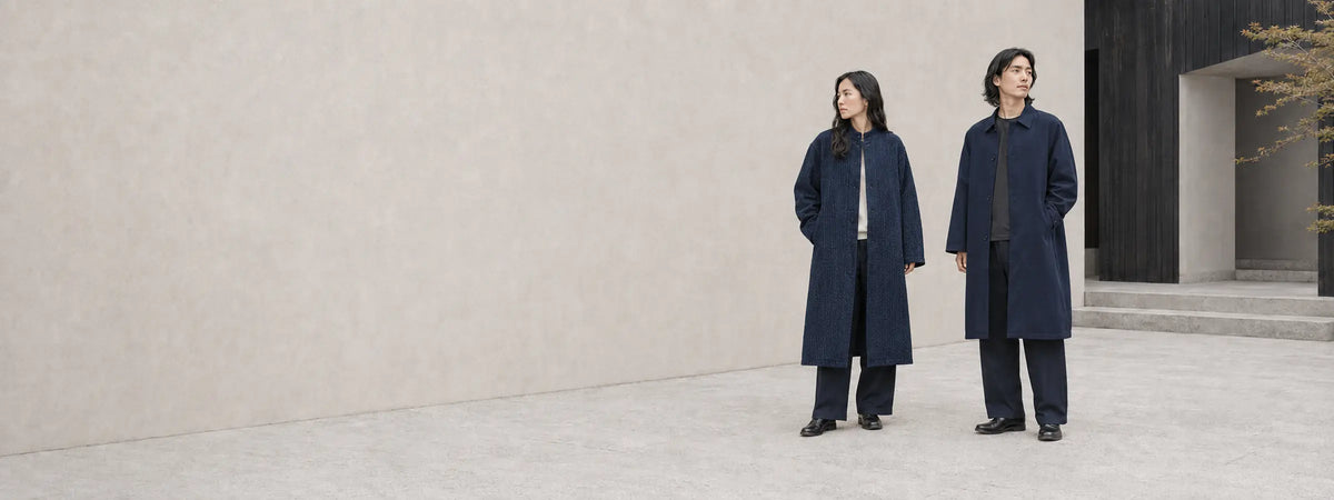 Deux mannequins portant de longs manteaux japonais bleu nuit et indigo devant une architecture minérale épurée.