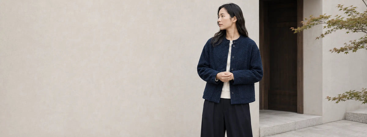Femme portant une veste japonaise en indigo texturé devant une façade minimaliste en béton et bois.