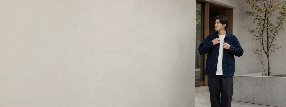 Homme portant une veste japonaise en indigo texturé devant une architecture minimaliste en béton et bois.