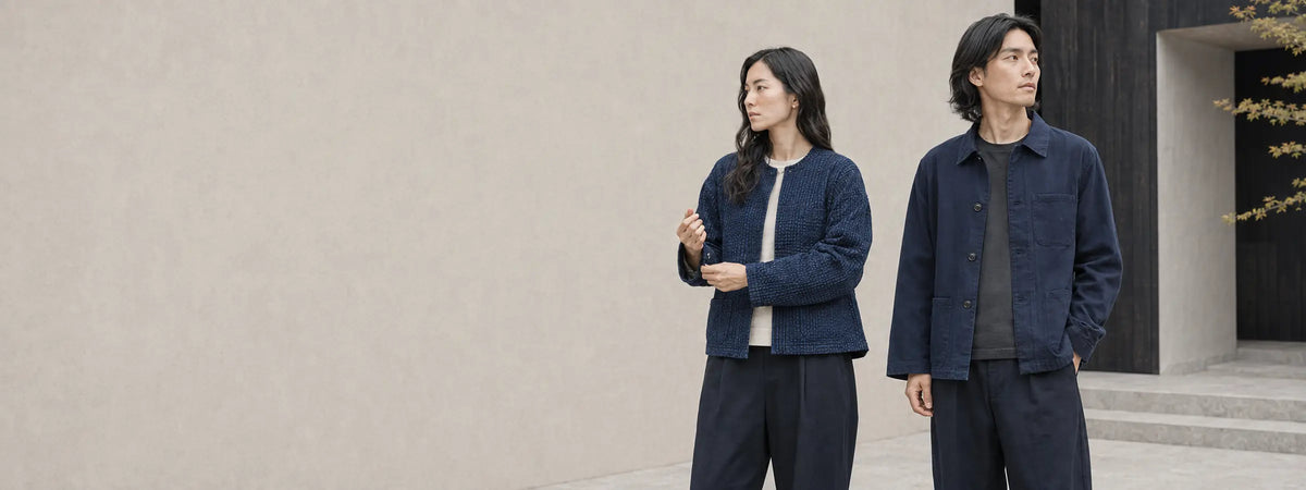 Deux mannequins portant des vestes japonaises unisexes en indigo texturé devant une façade en béton et bois.