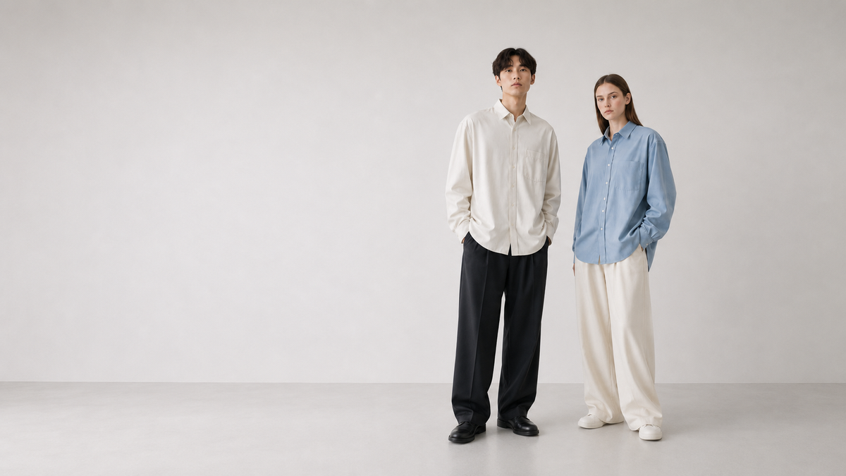 Silhouette portant une chemise Dunst genderless à coupe relaxed, mode coréenne minimaliste unisexe.
