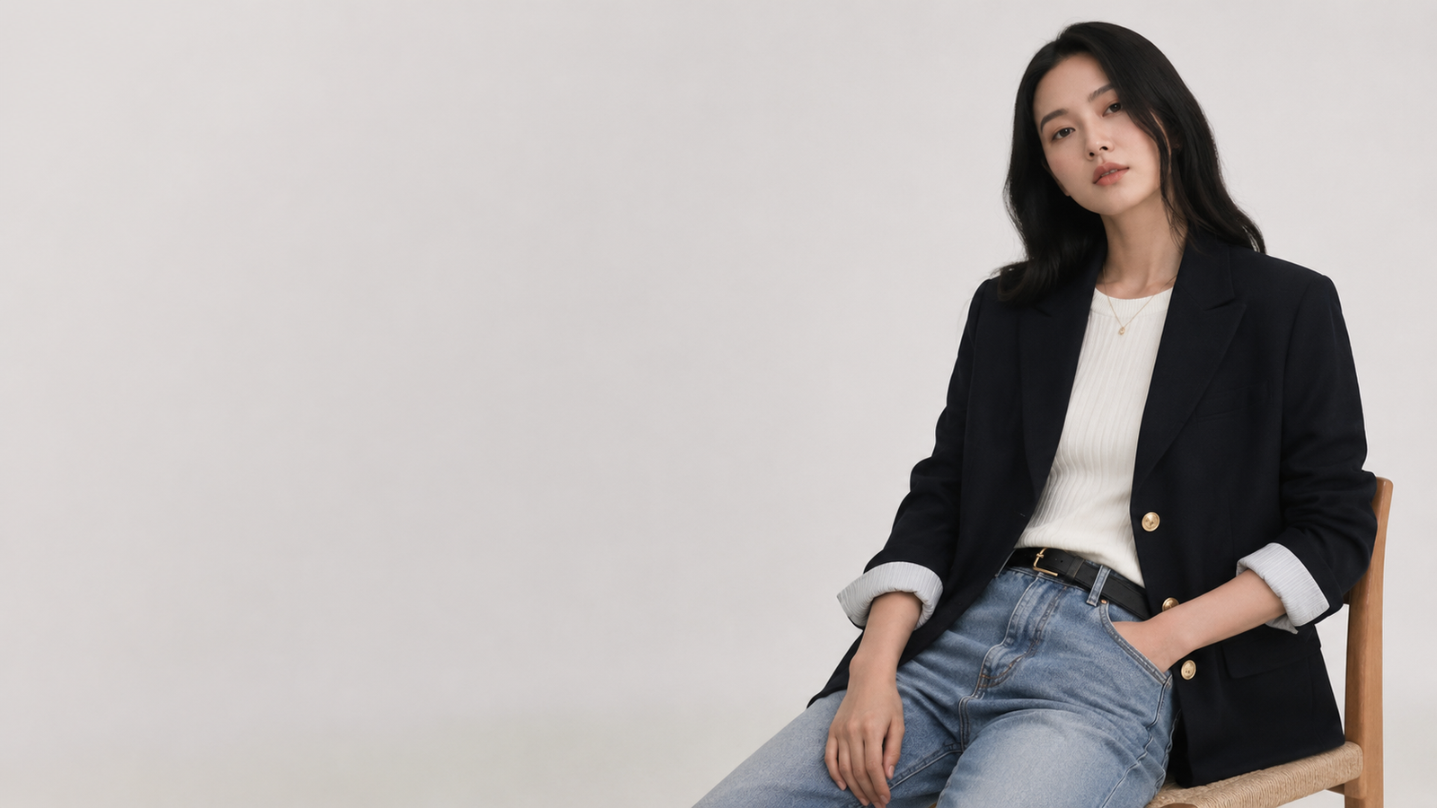 Femme portant un blazer Dunst noir, une maille écrue et un jean clair dans un décor studio minimaliste, style mode coréenne femme.