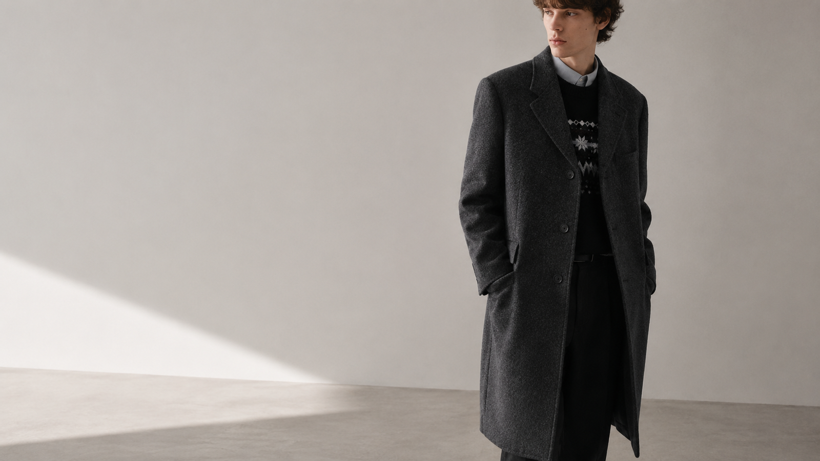 Homme portant un long manteau Dunst en laine gris foncé dans un décor studio minimaliste, style mode coréenne homme.