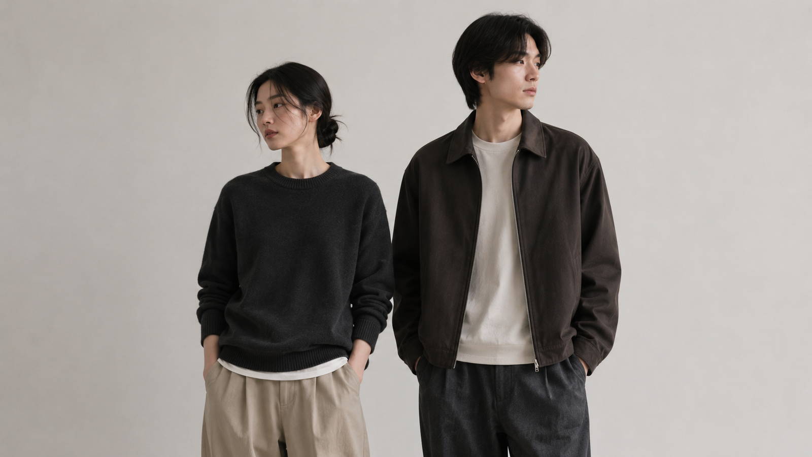 Deux silhouettes portant des vêtements Dunst unisexes dans un décor studio minimaliste, avec maille sombre, pantalon ample, veste zippée et tons neutres, style mode coréenne contemporaine.