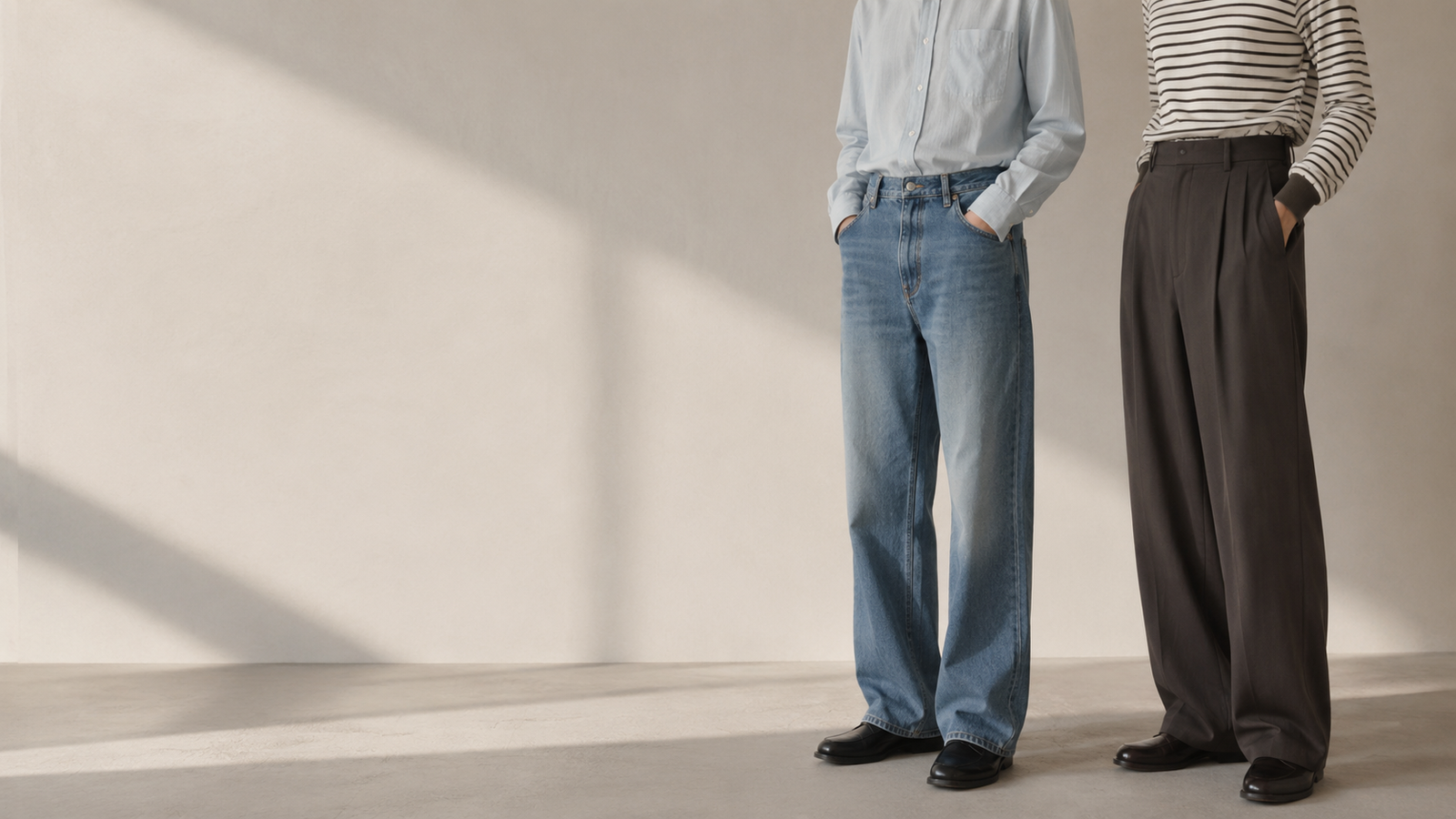 Deux silhouettes masculines portant un jean droit bleu clair et un pantalon ample noir Dunst dans un décor studio minimaliste, style mode coréenne homme.