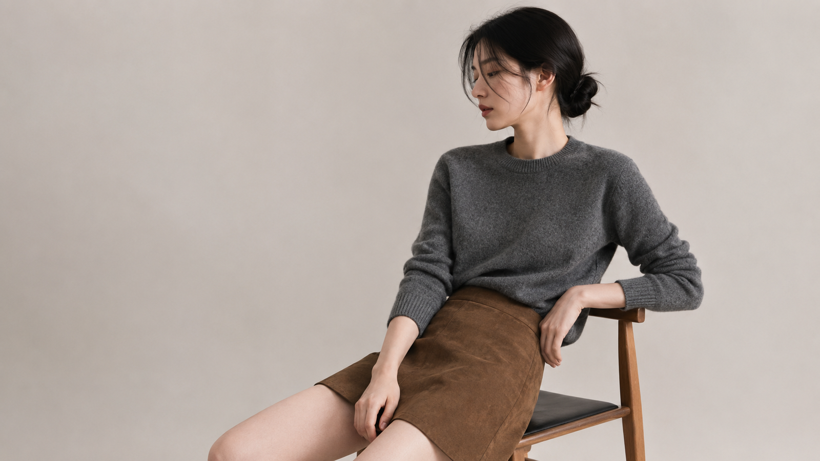 Femme portant une jupe Dunst à coupe minimaliste dans un décor studio épuré, style mode coréenne femme.