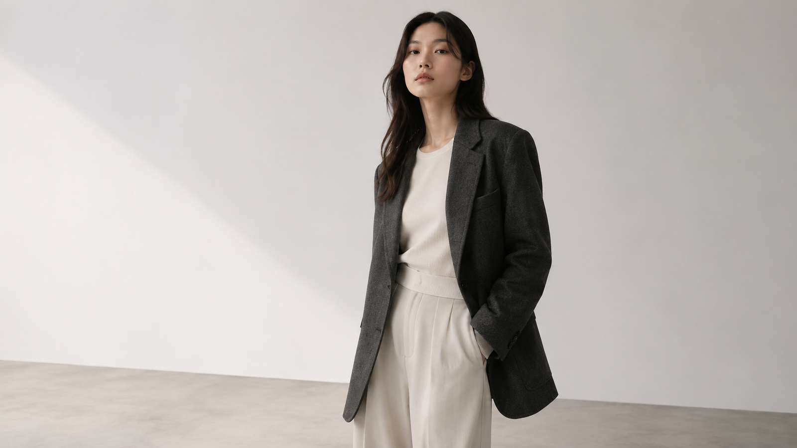 Silhouette femme LOW CLASSIC avec veste grise, pantalon clair et style coréen minimaliste premium sur WaHallyu