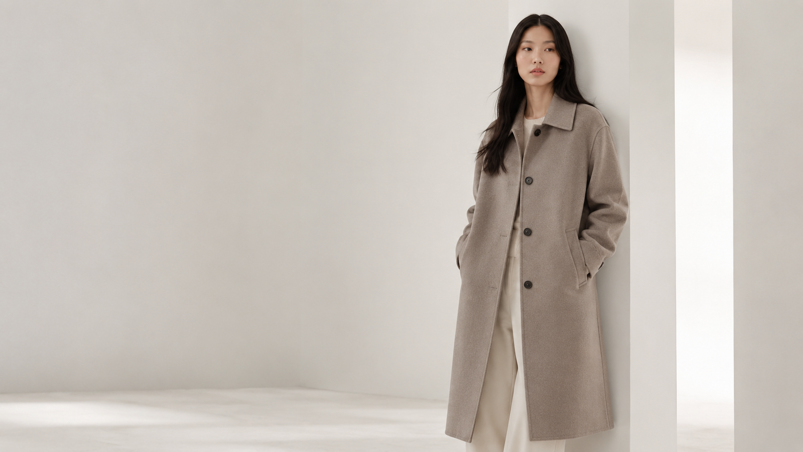 Manteau femme LOW CLASSIC beige taupe, silhouette coréenne minimaliste premium sur WaHallyu