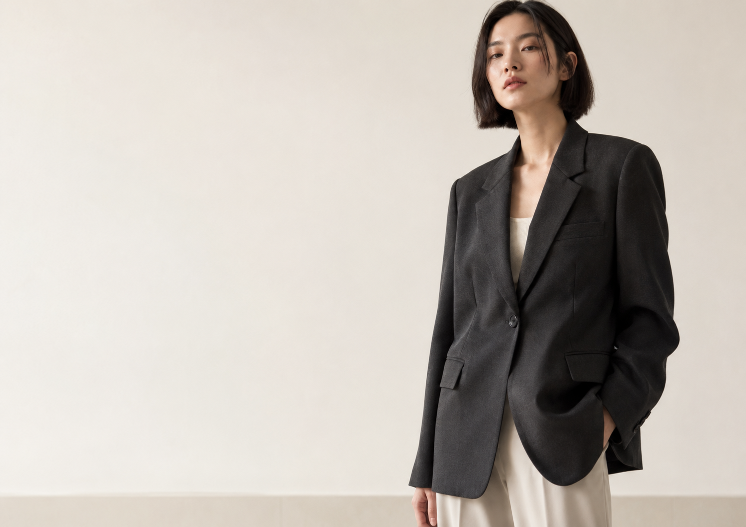 Veste LOW CLASSIC femme minimaliste portée dans un style mode coréenne premium