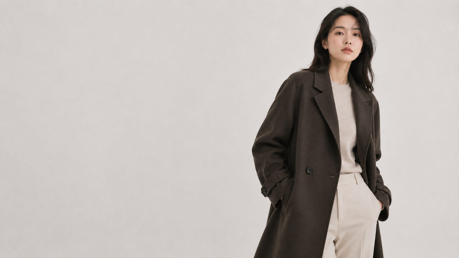 Femme portant un long manteau Dunst marron avec maille écrue et pantalon clair dans un décor studio minimaliste, style mode coréenne femme.