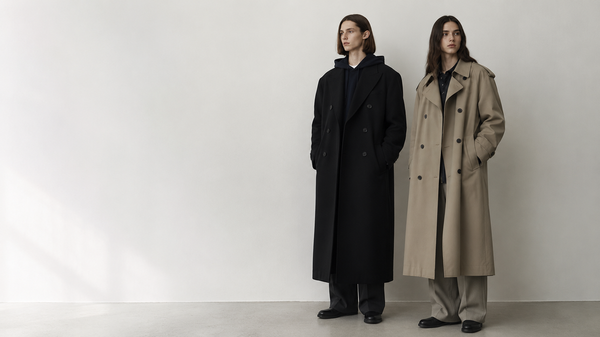 Deux silhouettes portant des manteaux Dunst unisexes, l’un noir et l’autre beige, dans un décor studio minimaliste, style mode coréenne contemporaine.