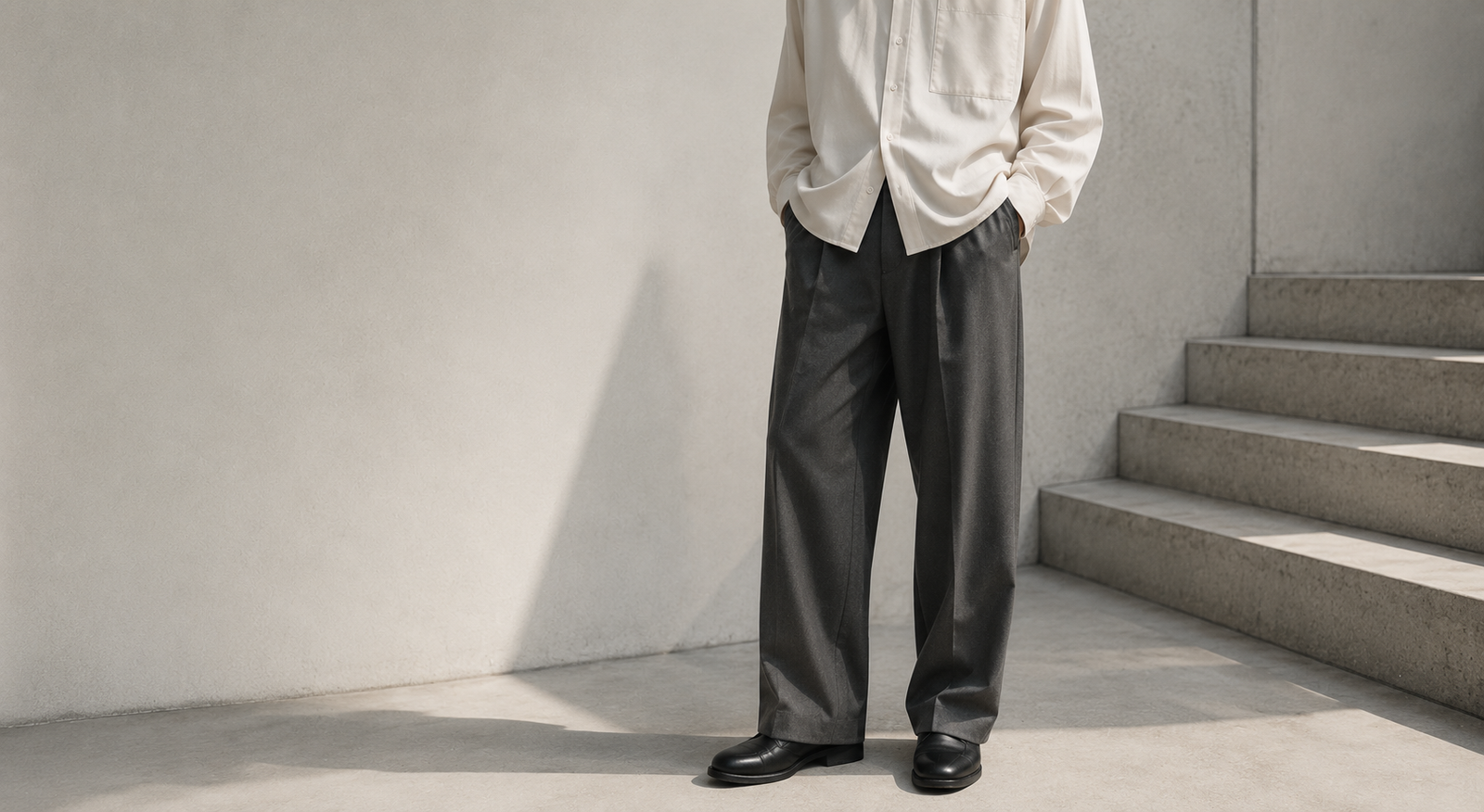Pantalon N.HOOLYWOOD homme large porté dans un style minimaliste japonais premium