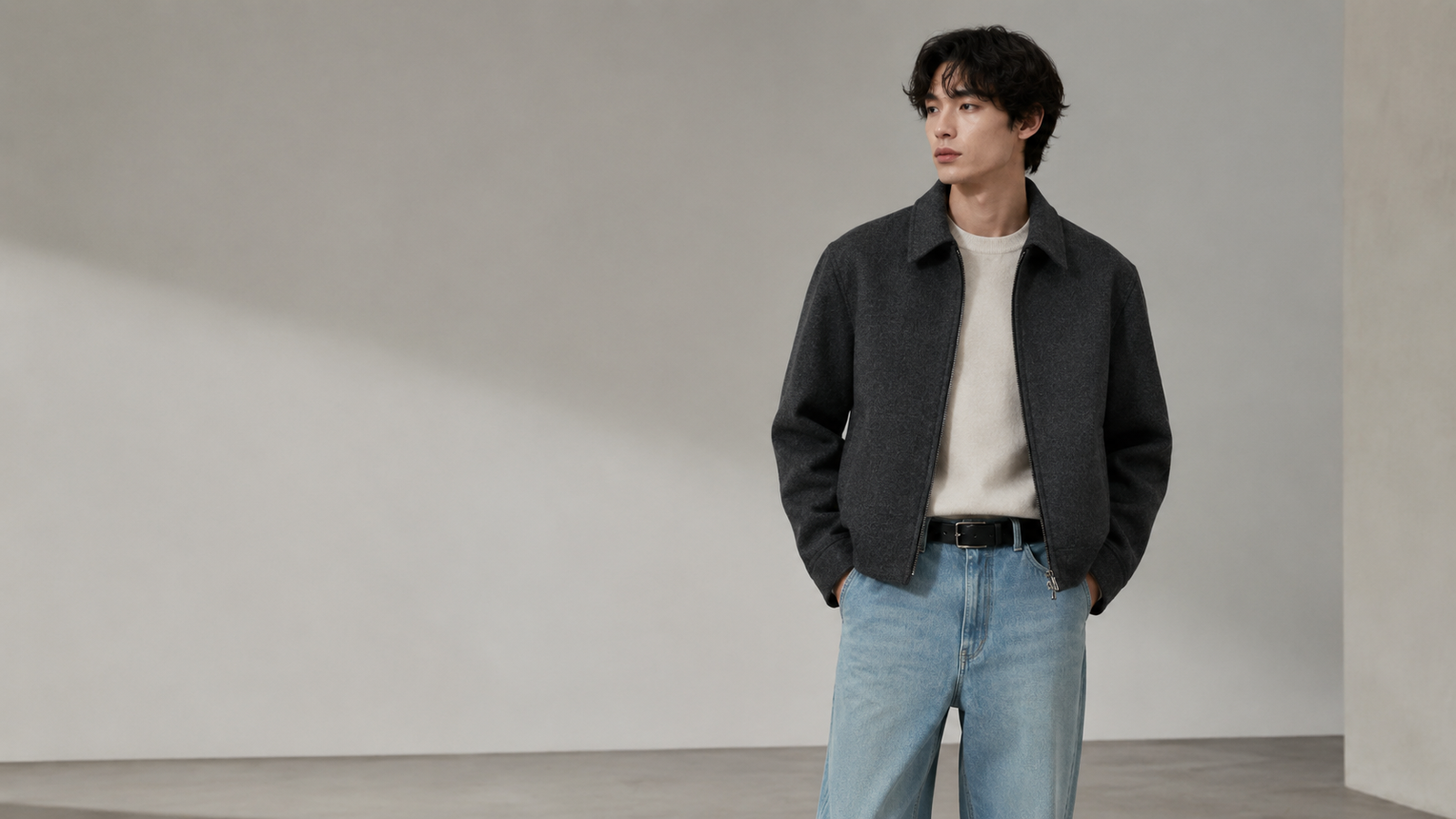 Homme portant un blouson Dunst gris foncé avec maille écrue et jean clair dans un décor studio minimaliste, style mode coréenne homme.