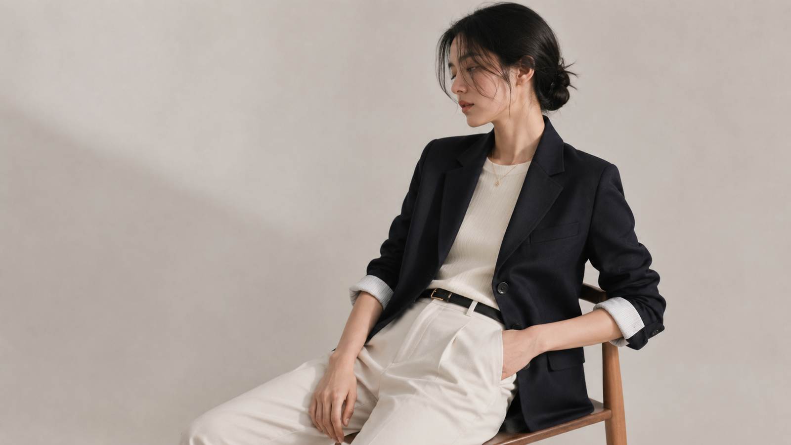 Femme portant une veste Dunst noire avec maille écrue et pantalon clair dans un décor studio minimaliste, style mode coréenne femme.