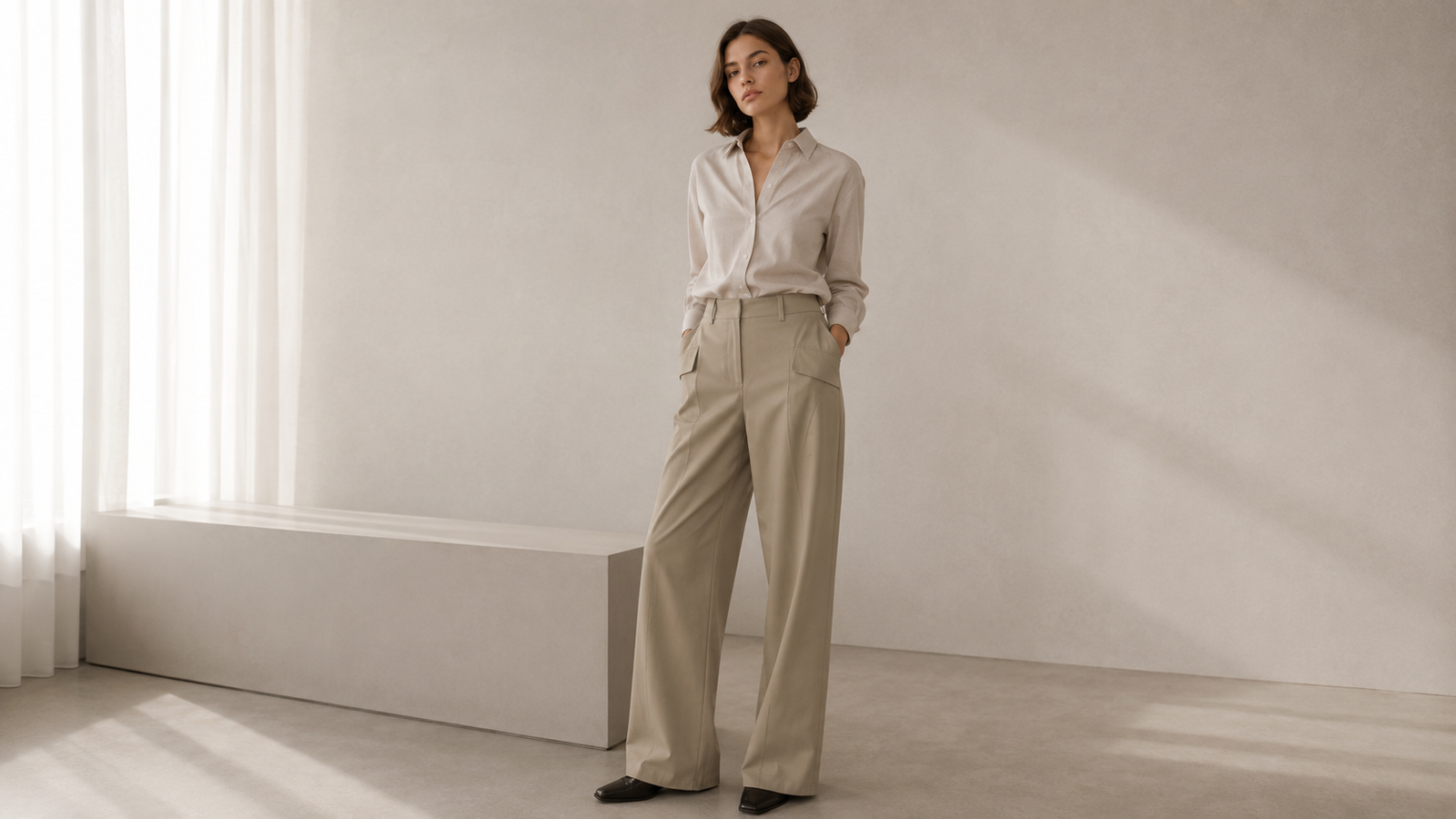 Femme portant un pantalon large The Loom Atelier beige avec chemise claire dans un intérieur minimaliste aux tons neutres, style mode coréenne femme.