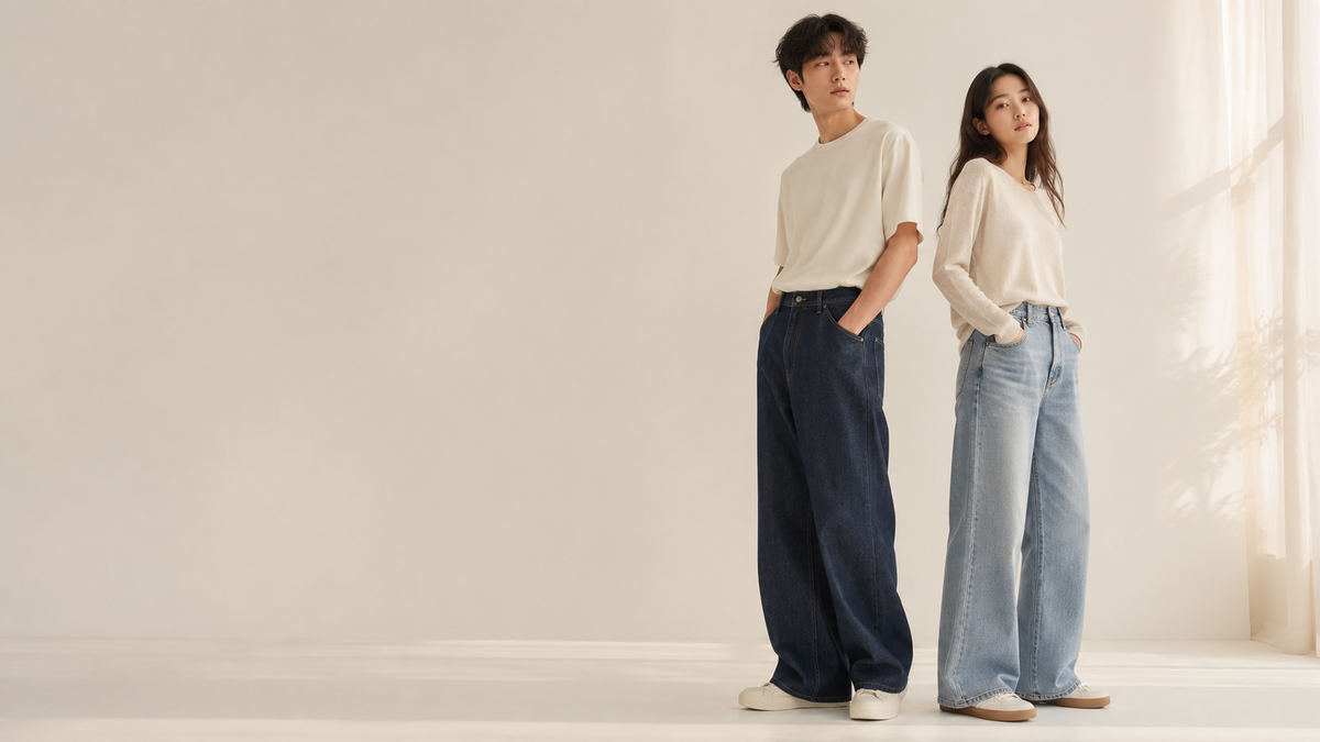 Jeans unisexes homme femme portés dans un style mode coréenne et japonaise minimaliste premium