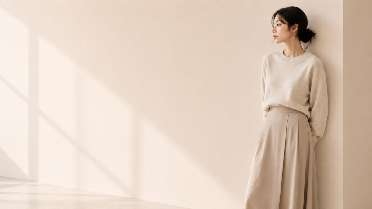 Jupe longue beige femme portée dans un style mode coréenne et japonaise premium minimaliste