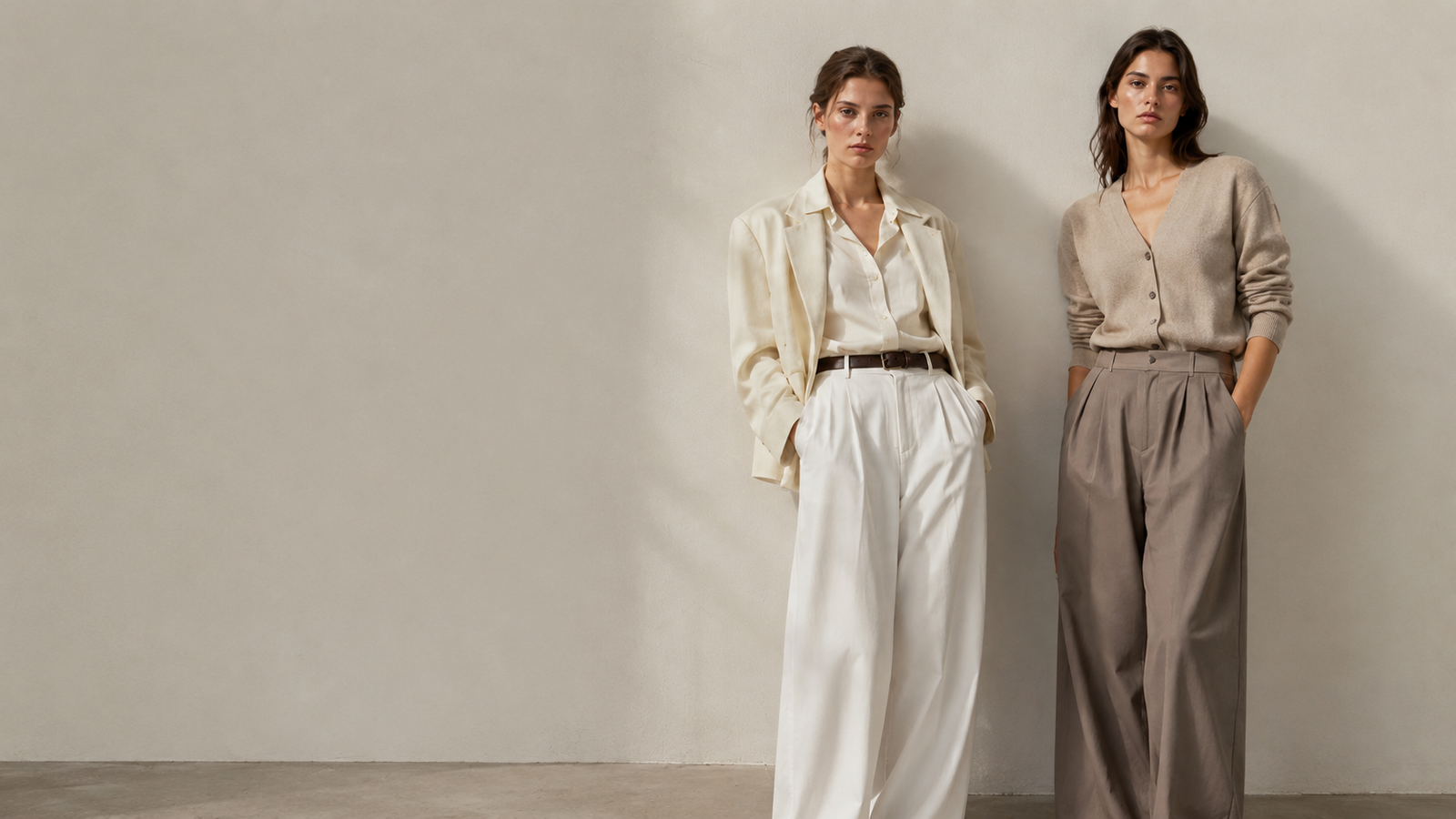 Deux femmes portant des silhouettes The Loom Atelier dans des tons crème et taupe, avec blazer, chemise, cardigan et pantalon ample dans un décor studio minimaliste.
