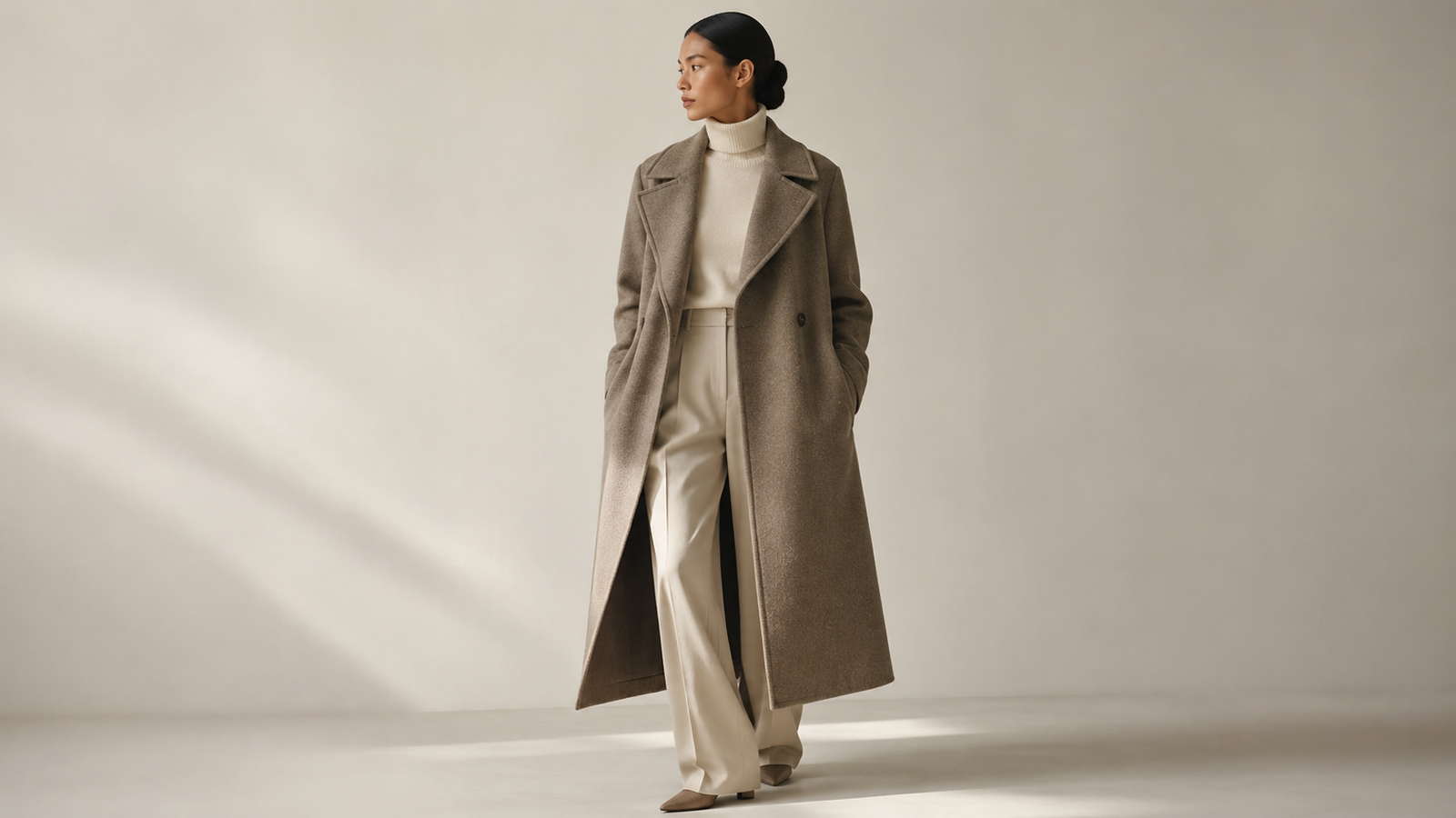 Femme portant un long manteau The Loom Atelier taupe avec col roulé crème et pantalon fluide clair dans un décor studio minimaliste aux tons neutres.