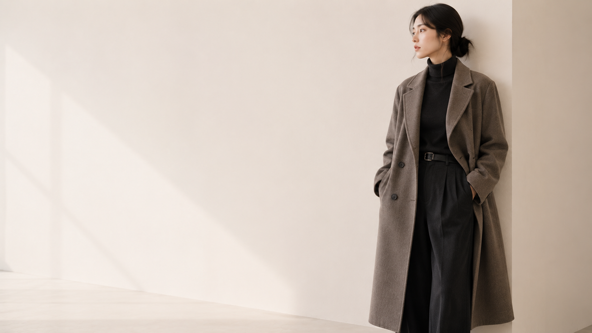 Manteau long femme porté dans un style mode coréenne et japonaise premium minimaliste