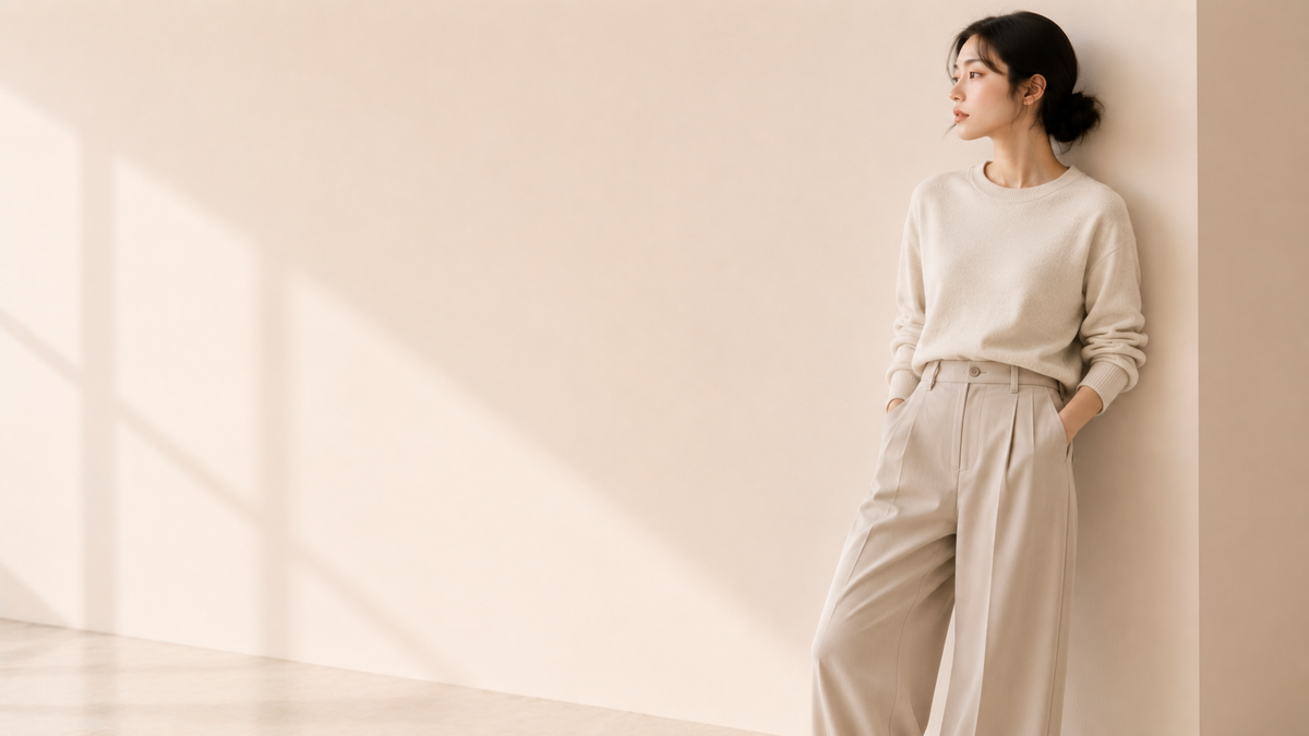 Pantalon large à pinces femme porté dans un style mode coréenne et japonaise premium minimaliste